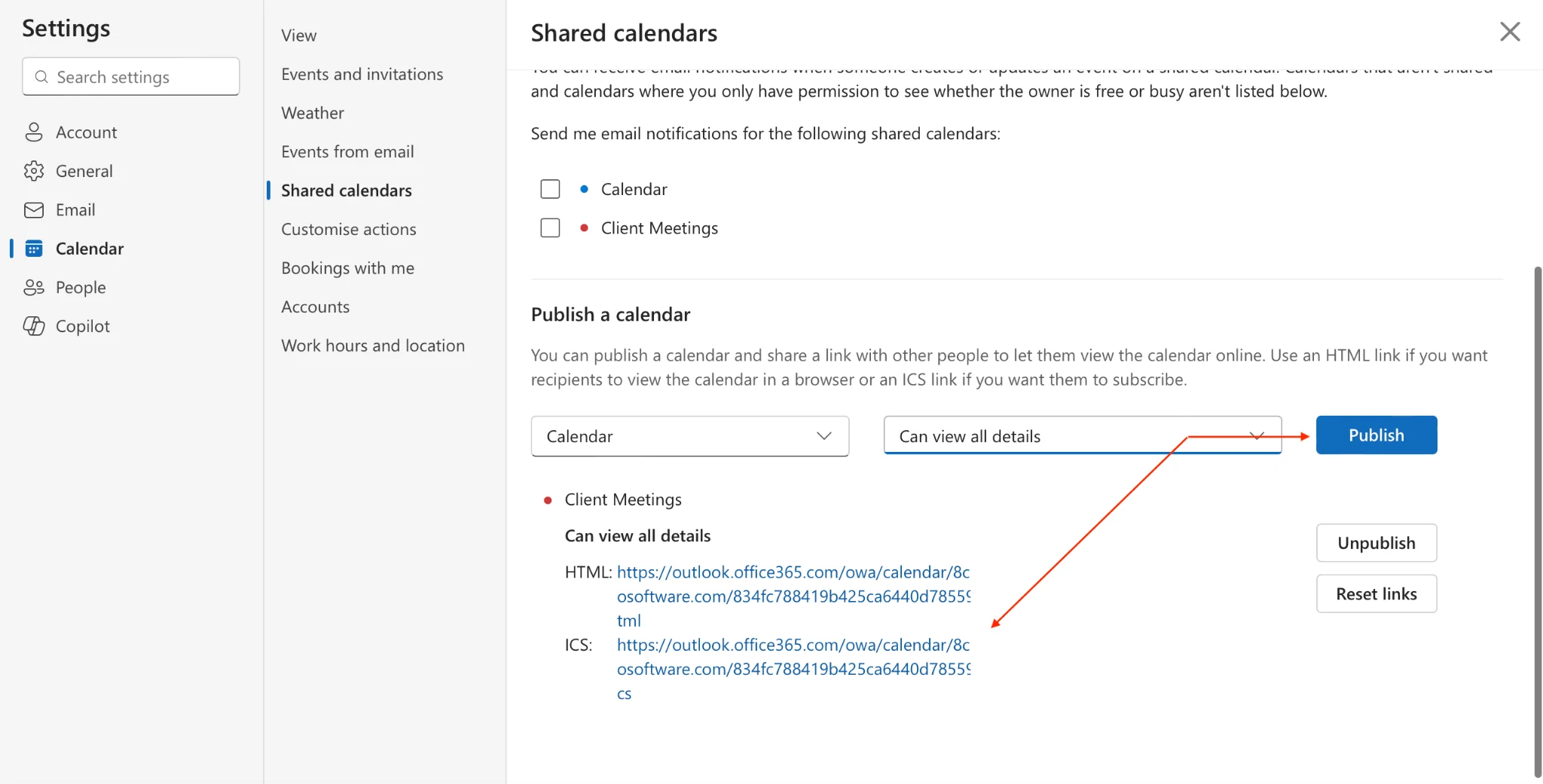 Publishing an Outlook calendar and copying its ICS link
