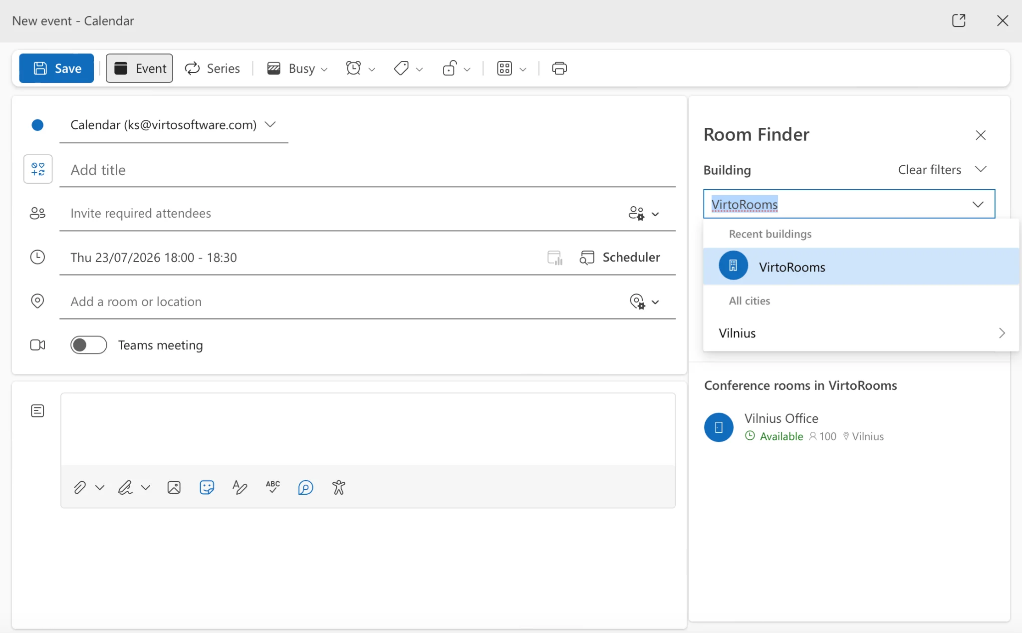 Outlook Room Finder interface for selecting meeting rooms