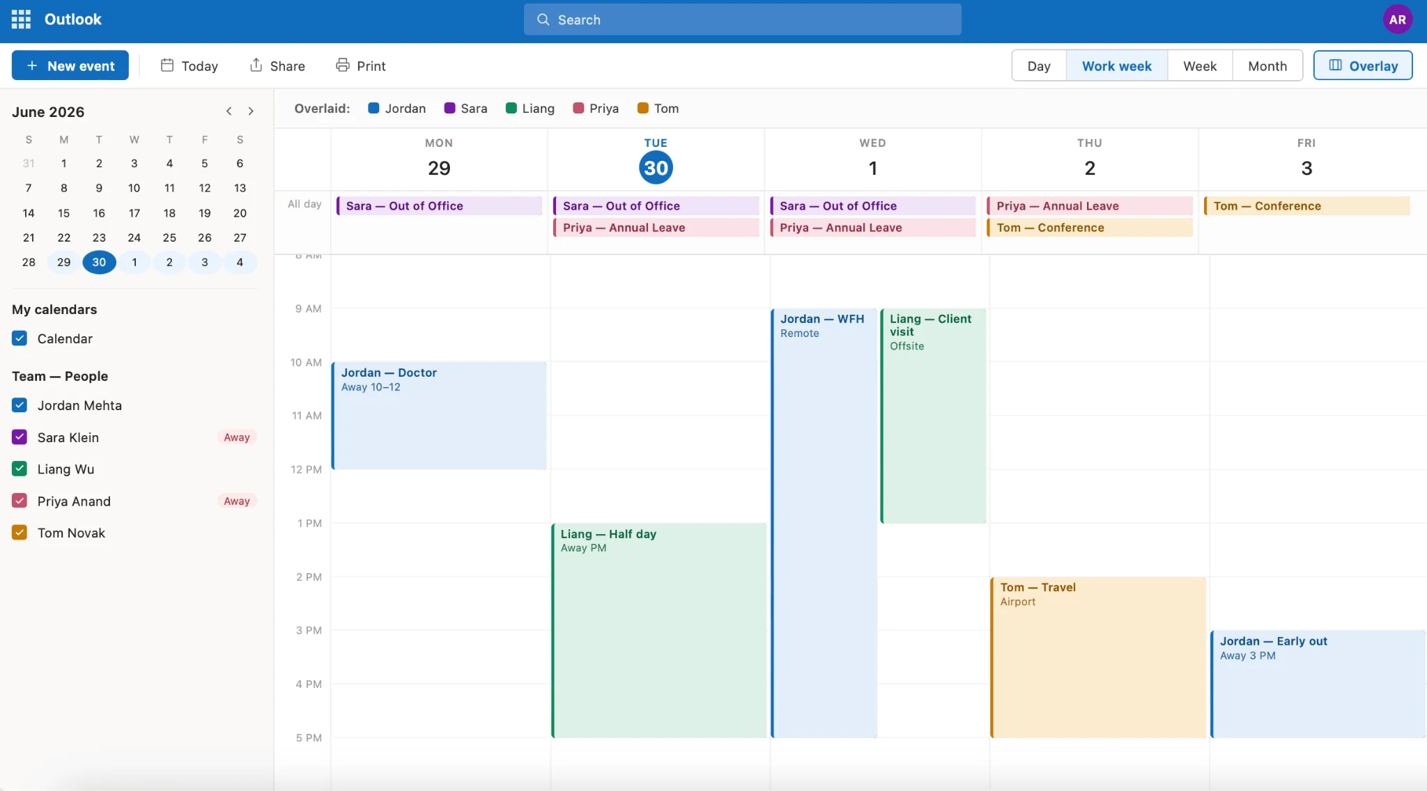 Overlaid team calendars showing multiple members Out of Office events