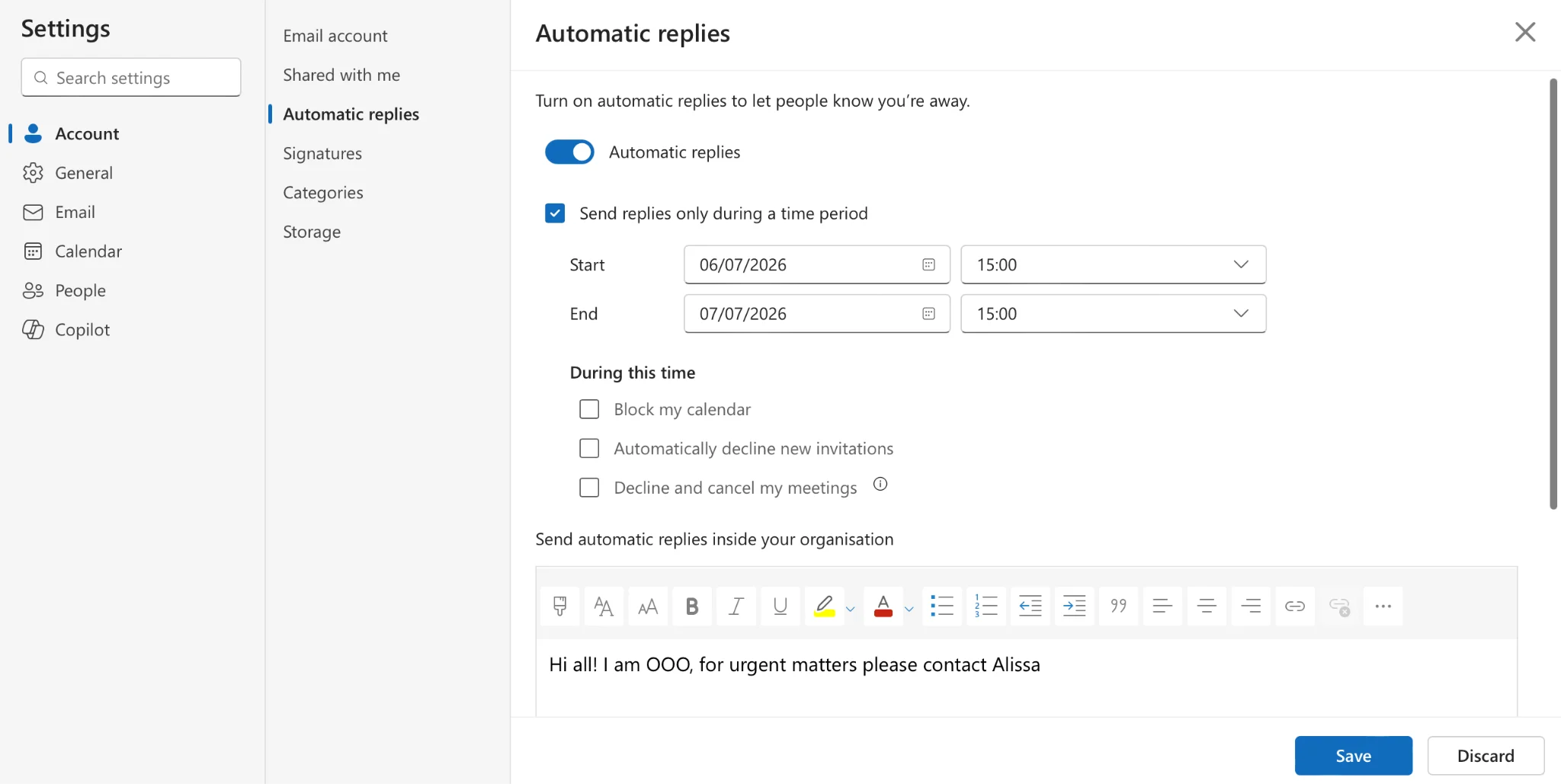 Automatic replies settings in Outlook web with calendar blocking options