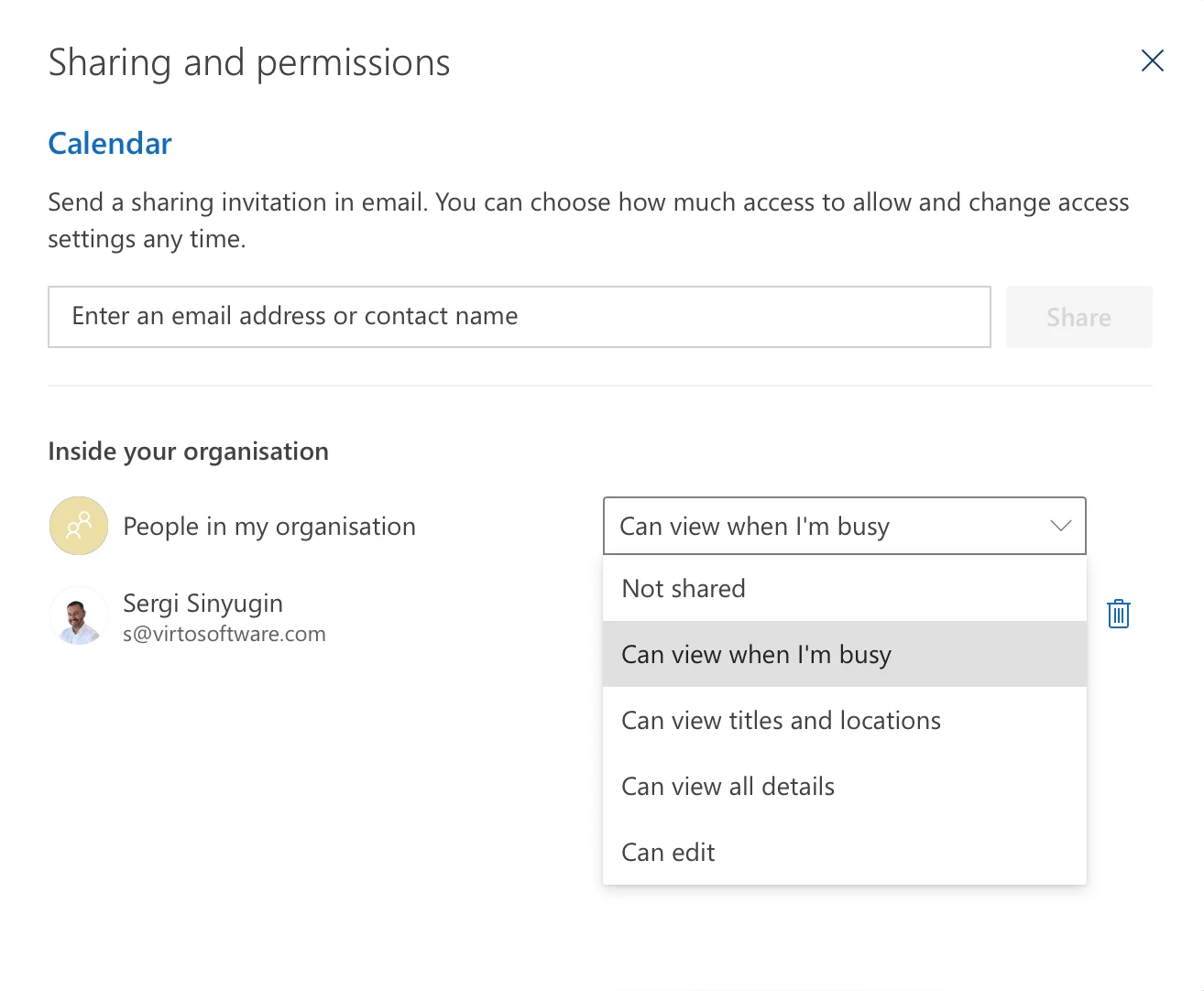 Configuring sharing permissions for a colleague in Outlook web