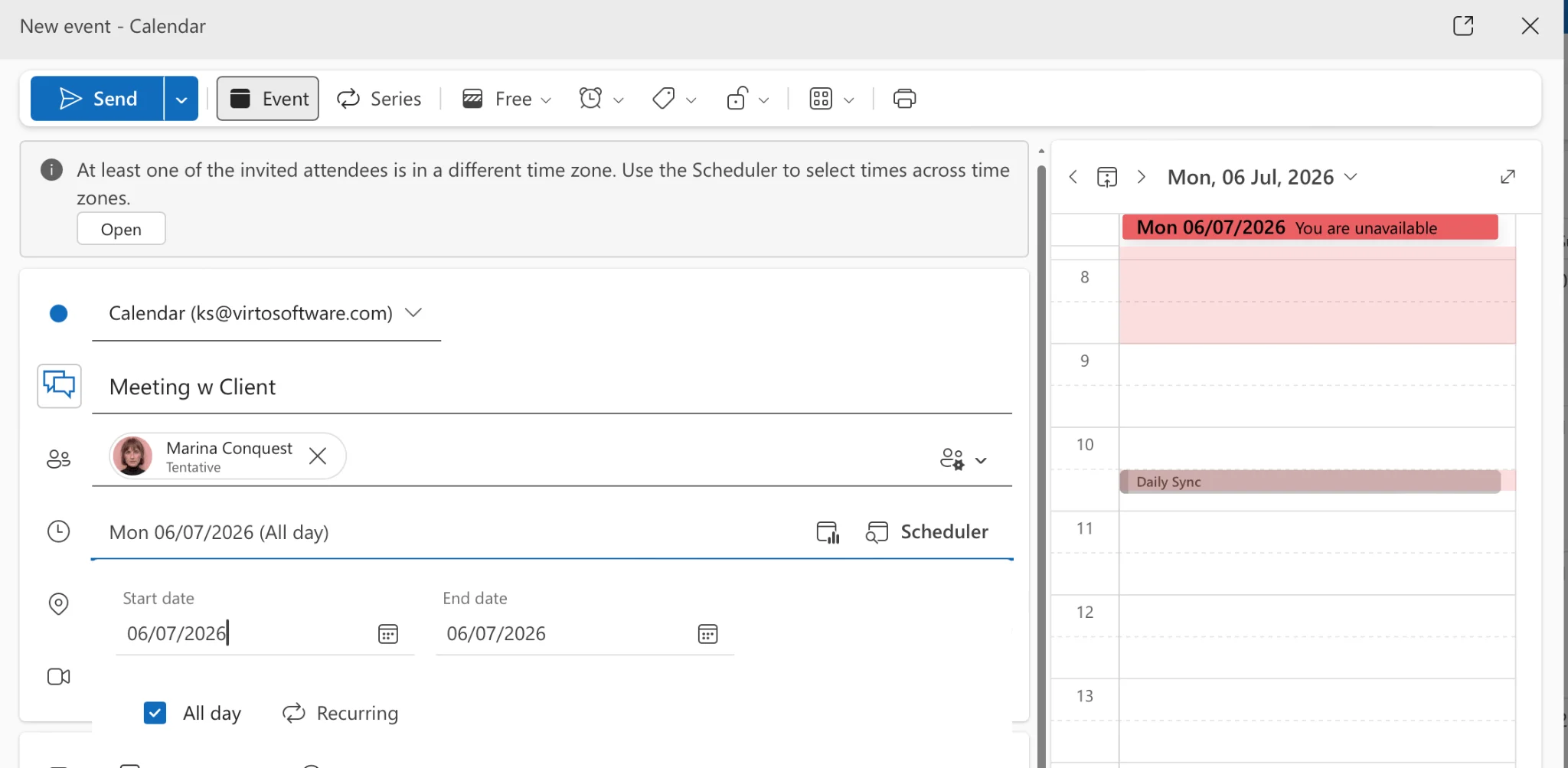 Configuring dates All day toggle and event details in Outlook web
