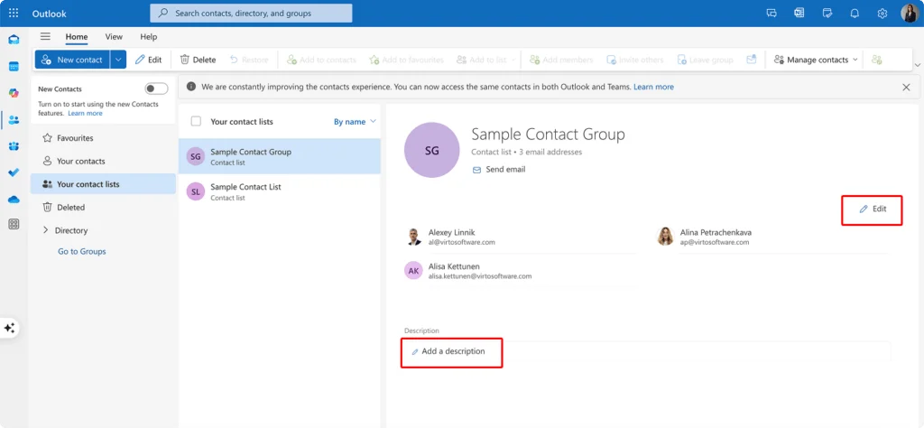 Naming the contact list and adding members in Outlook on the web