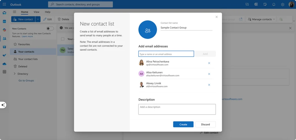 Creating a “New contact list” in Outlook on the web