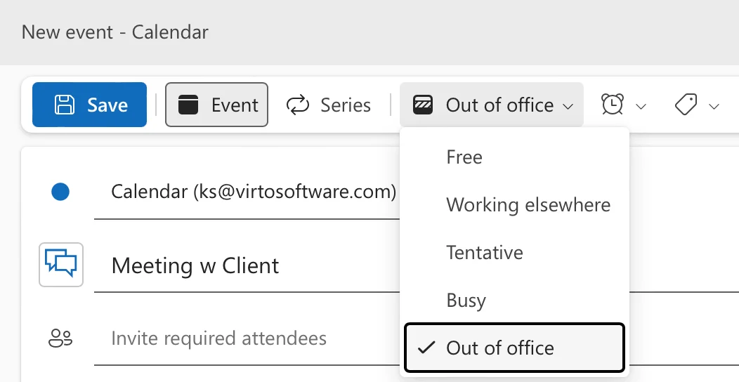 Selecting Show as Out of Office in Outlook web new event