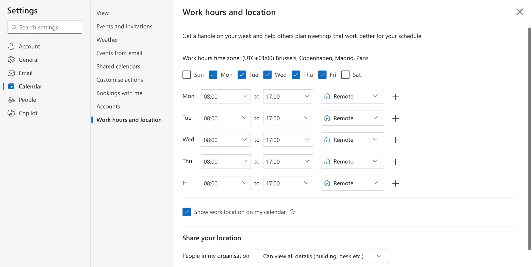 Work hours and location settings in Outlook on the web