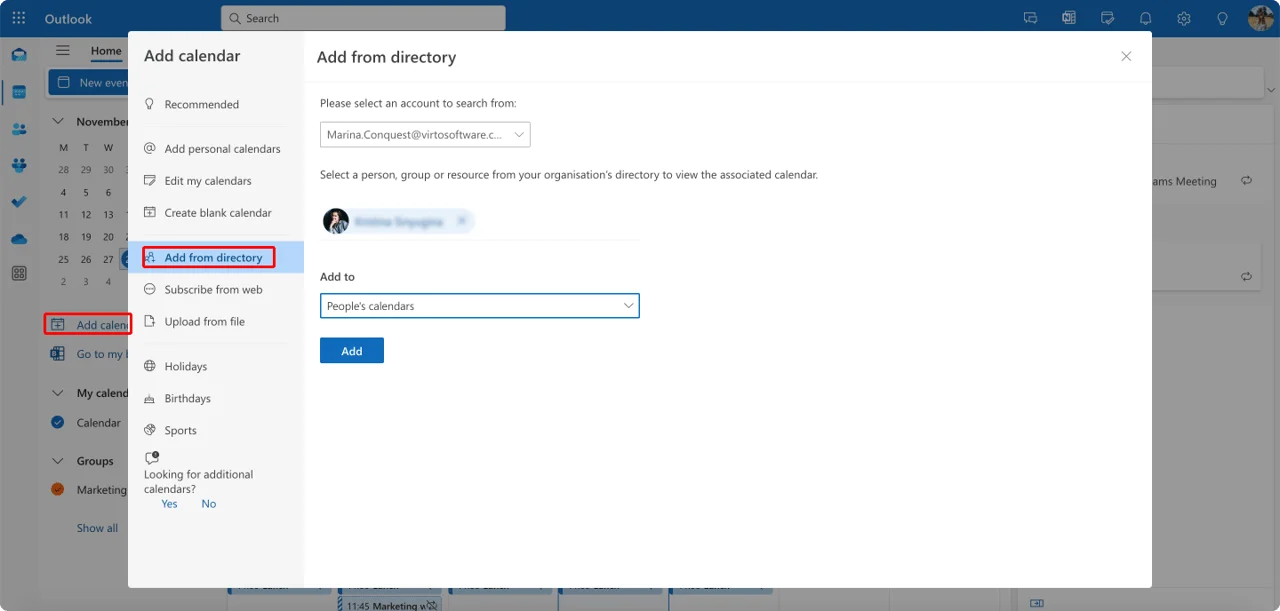 Adding a calendar from directory in OWA