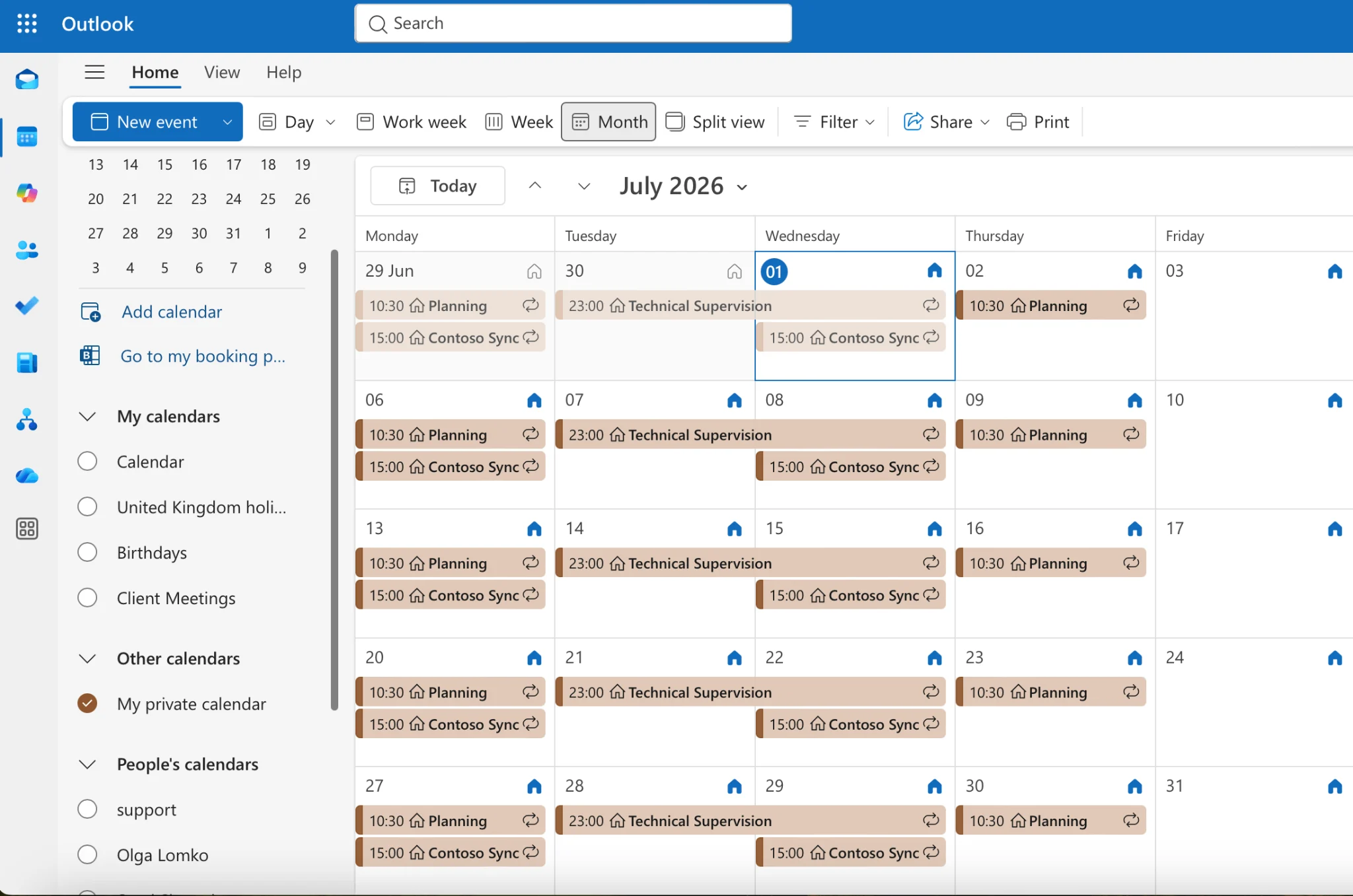 The subscribed Google Calendar now appears in the OWA calendar list