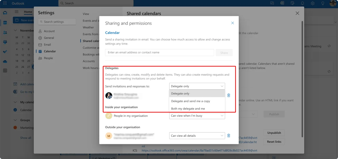 Managing delegate permissions in OWA