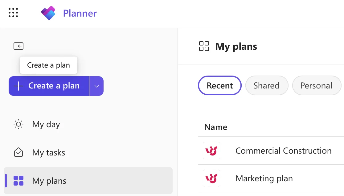 Selecting Create a plan in the Planner web app