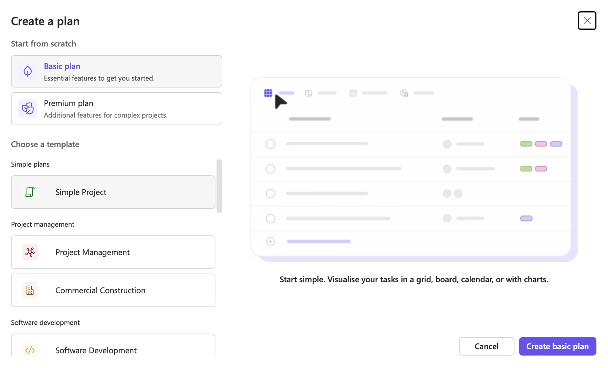 Creating a plan from scratch or from a template