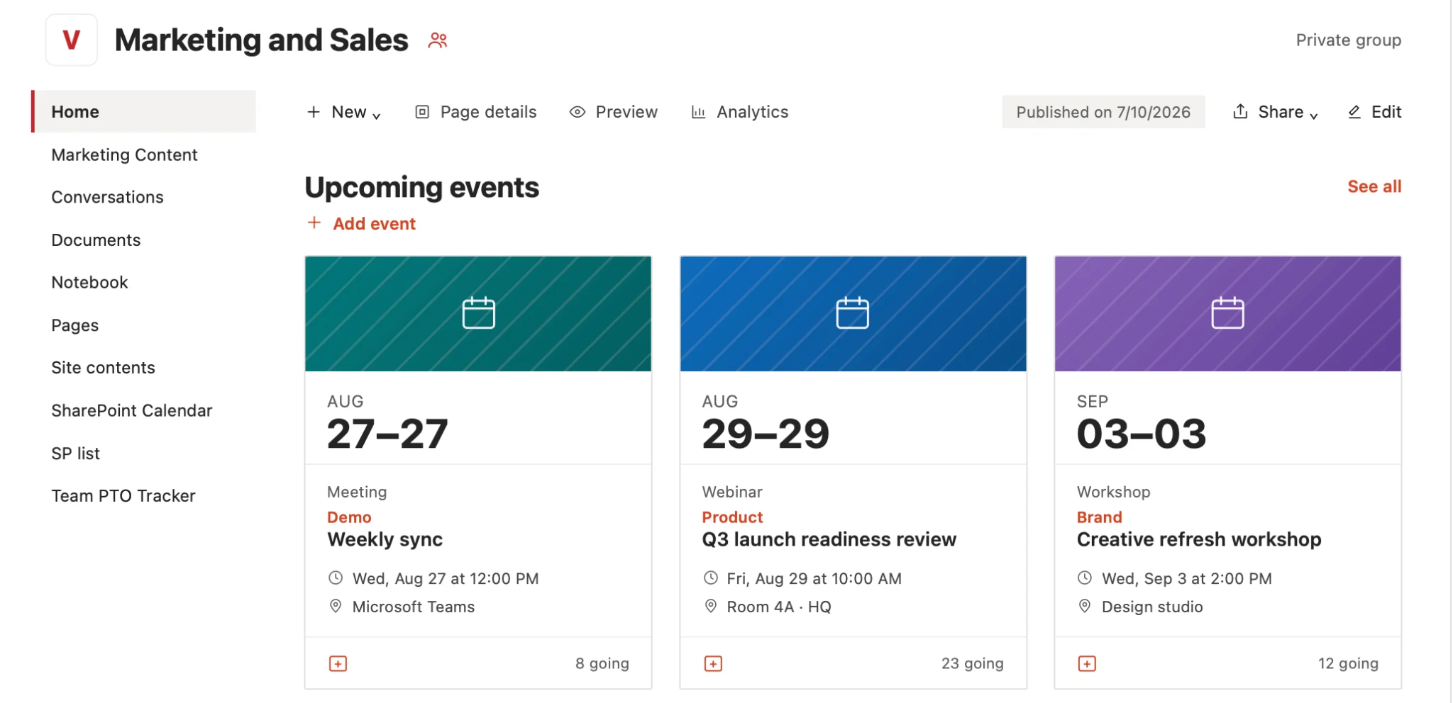 Published page showing upcoming events