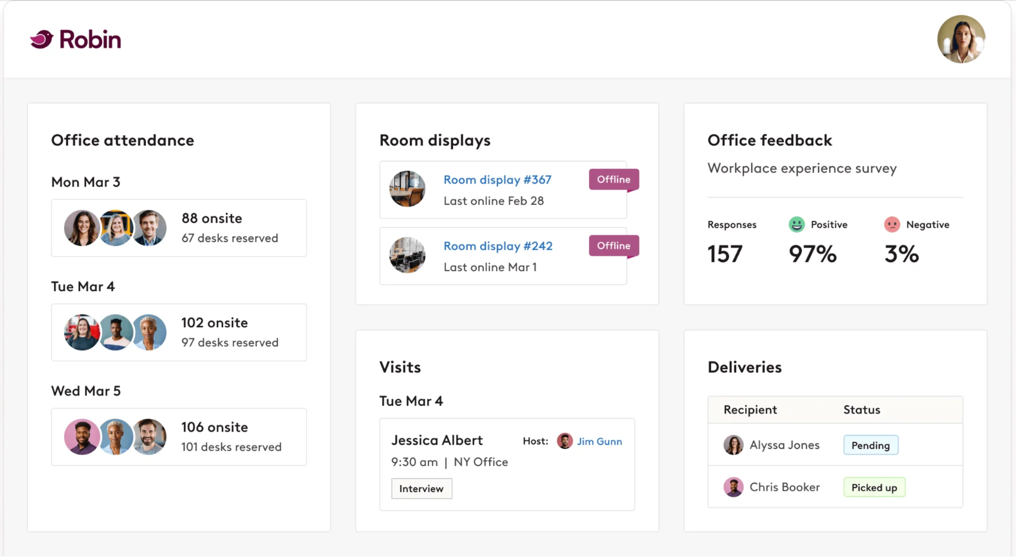 Robin workplace dashboard with room and desk booking
