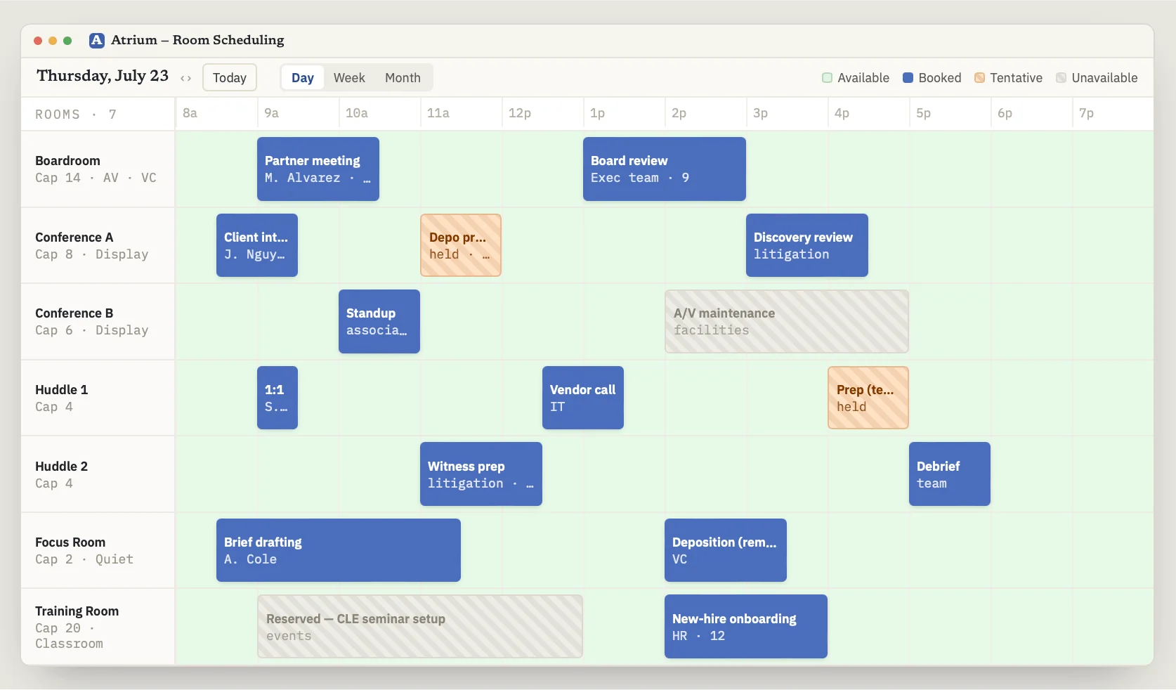 Room availability shown as a color-coded overlay across multiple rooms