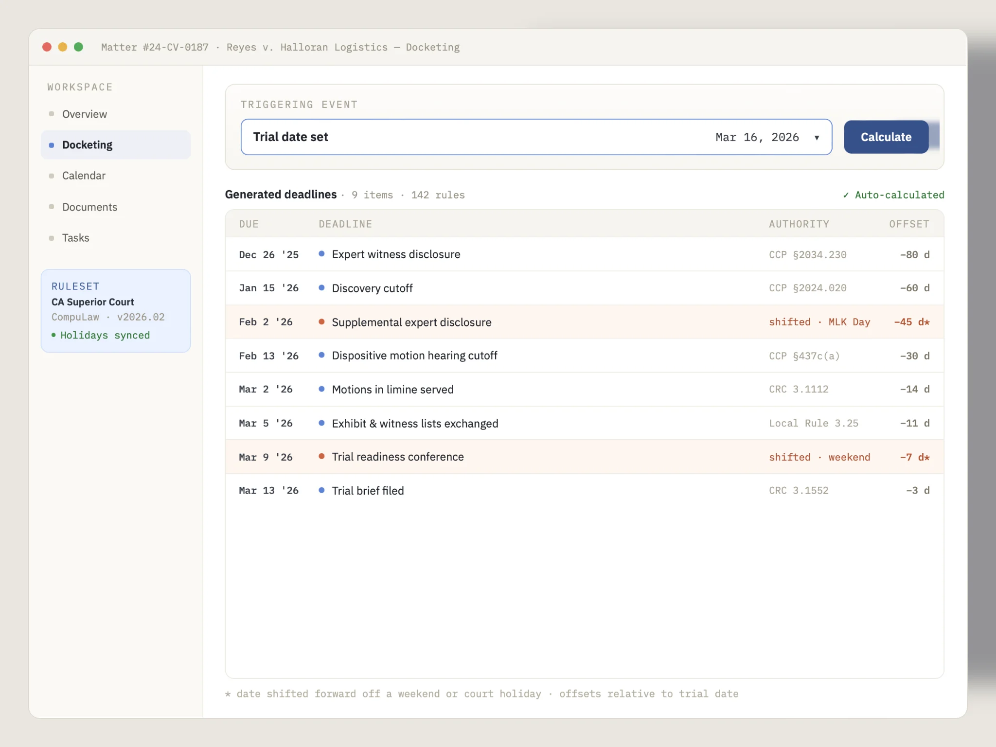 Rules-based deadline calculation chain