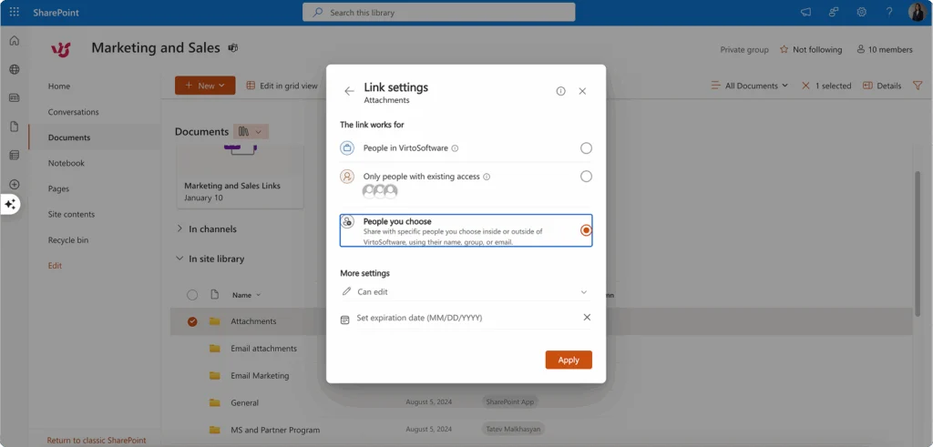 Setting advanced SharePoint sharing options