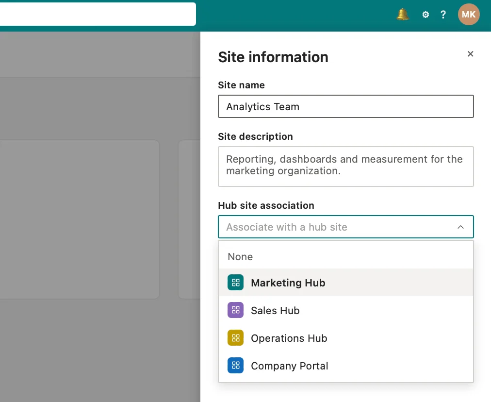 Choosing associate with a hub site option