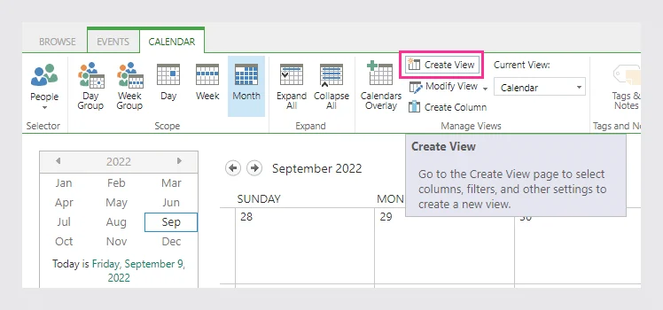 Create View button in SharePoint Calendar tab