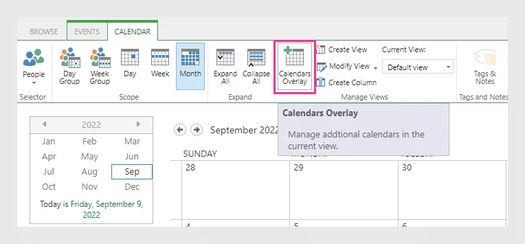 Calendars Overlay option in SharePoint Calendar tab