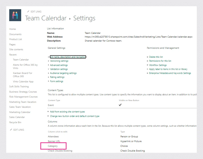 Category column in SharePoint list settings
