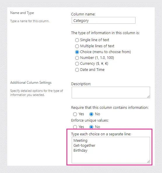 SharePoint category column values input form