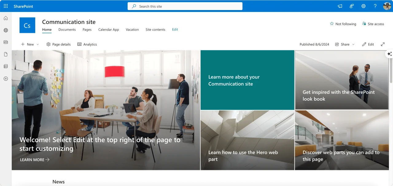 Example SharePoint Communication Site visual layout