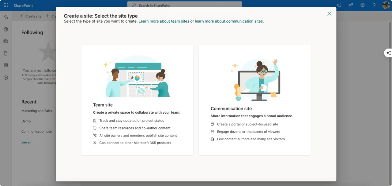 SharePoint create site type selection screen