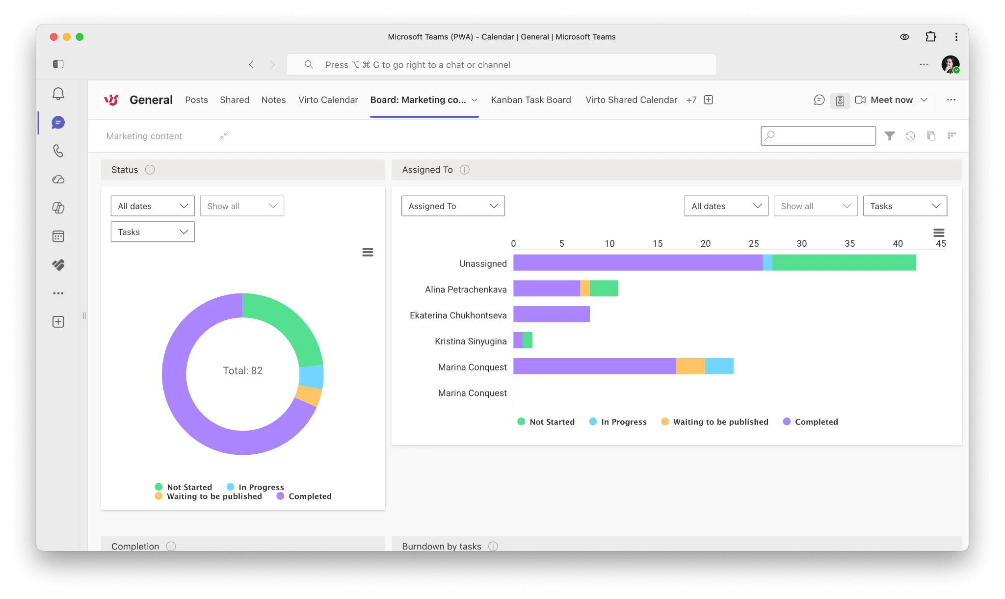 SharePoint project dashboard pinned as a Teams channel tab
