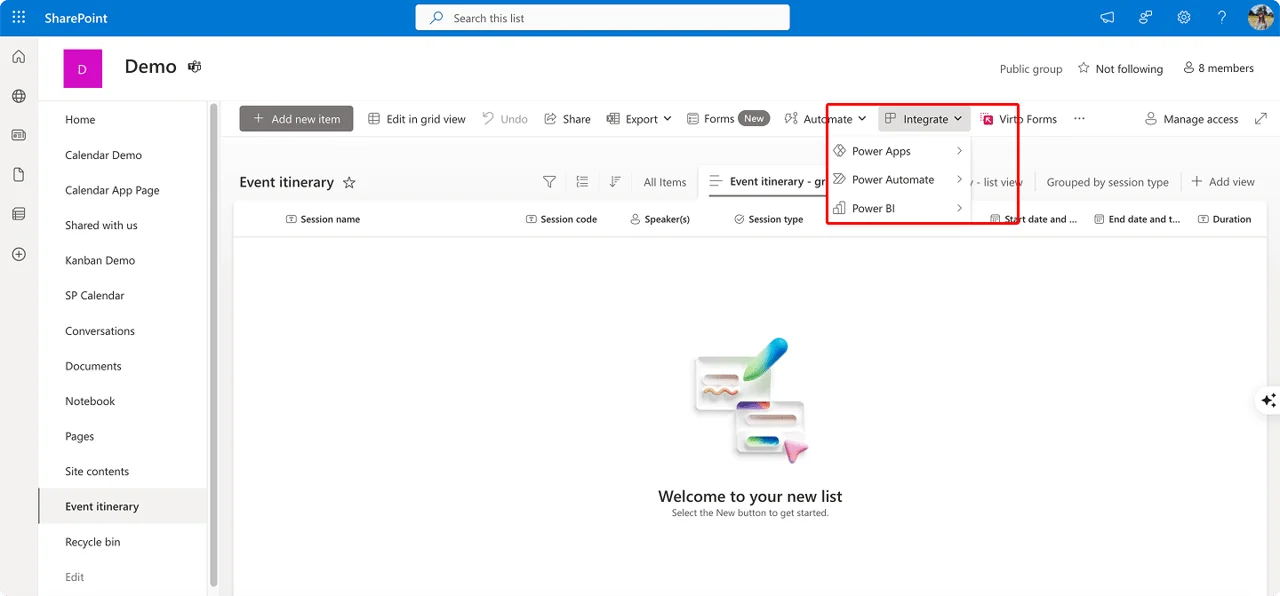 Navigating to the Integrate section of a SharePoint list