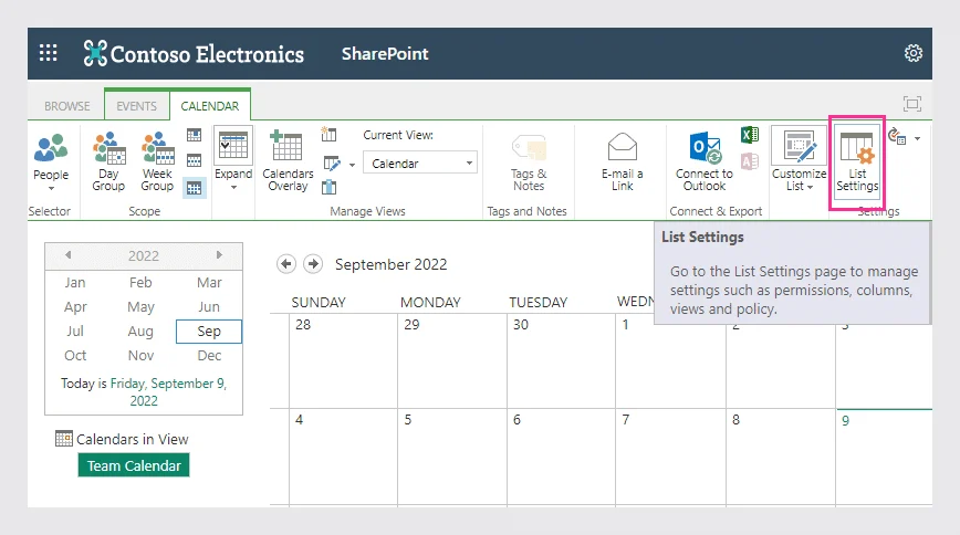 Open List Settings from the SharePoint Calendar tab