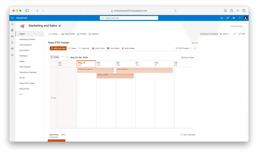 Modern SharePoint Lists calendar view with color-coded events
