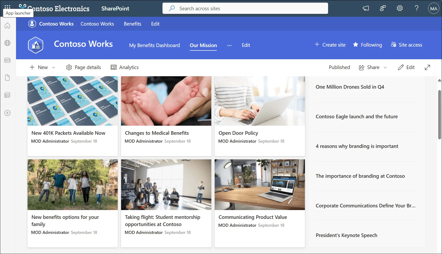 SharePoint modern site interface