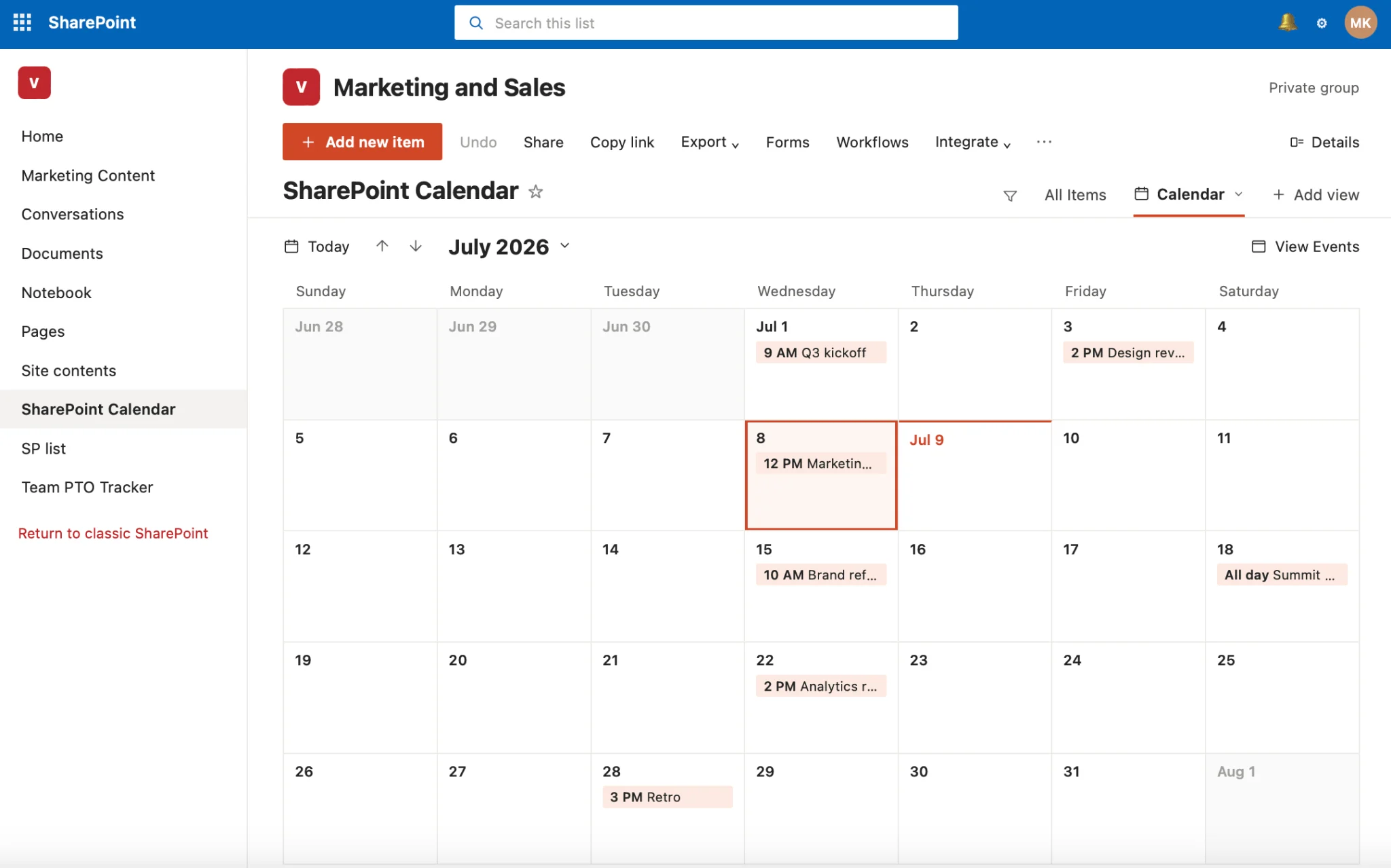 Native SharePoint Online calendar list view