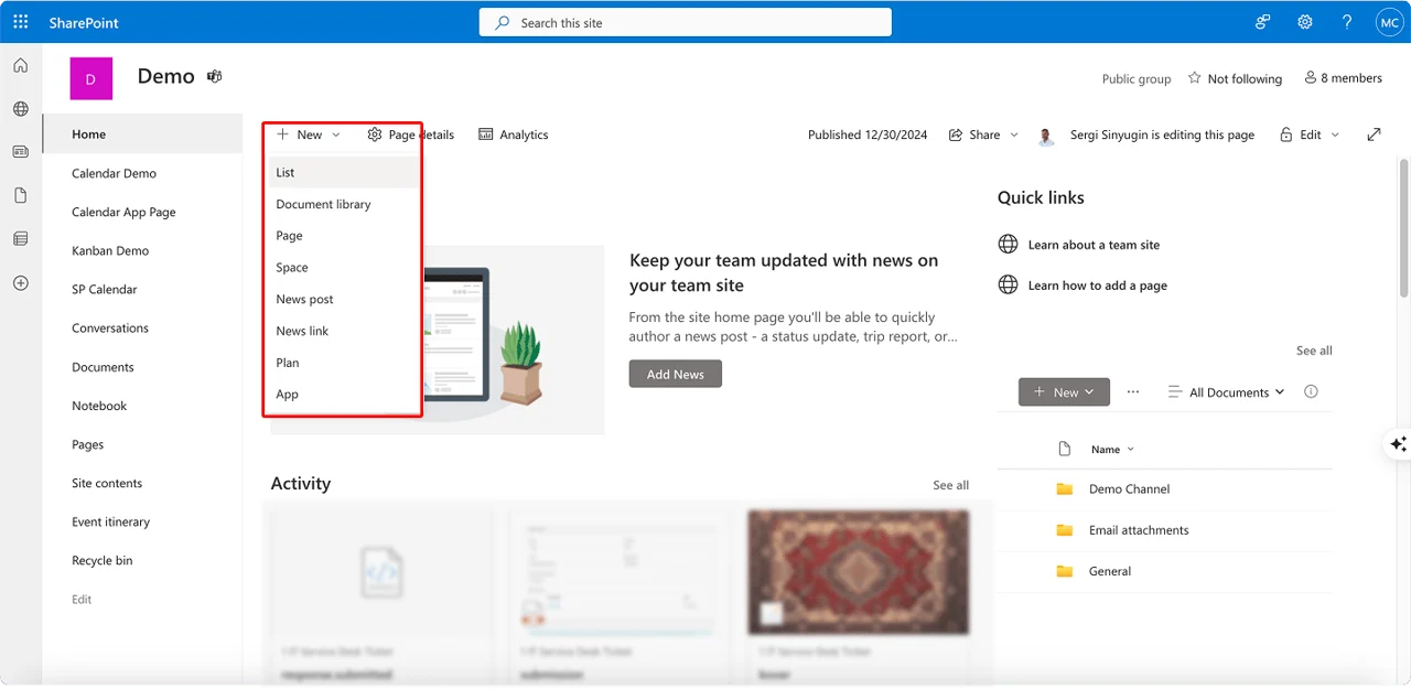 Creating a new list on a SharePoint site