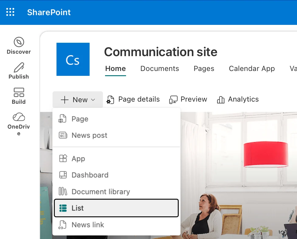 Adding a new list, document library, or page