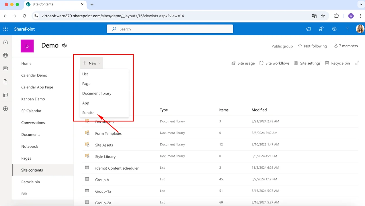Selecting Subsite in the New dropdown menu