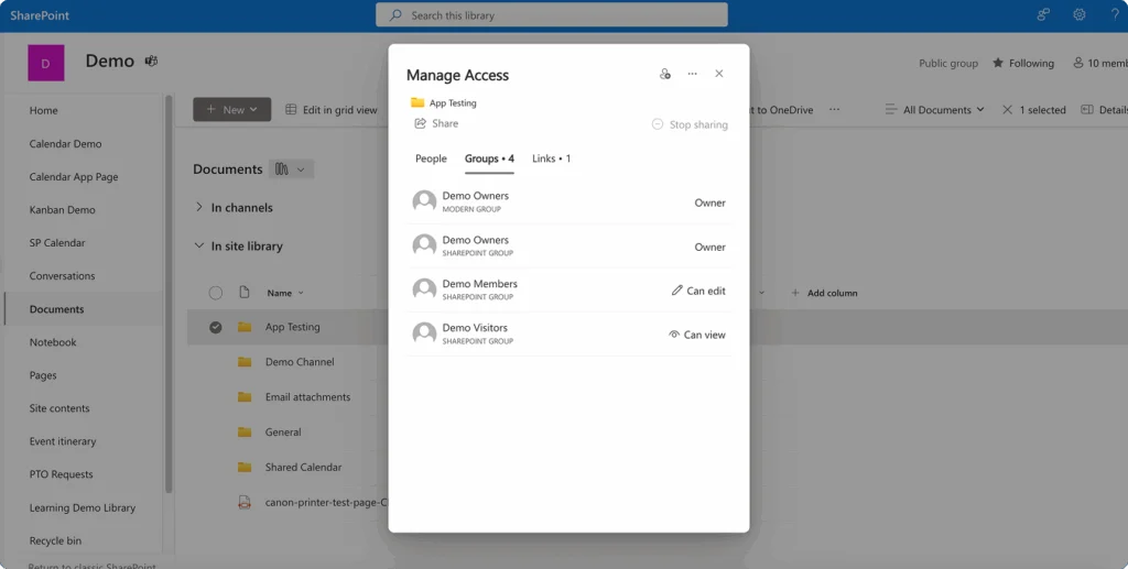 Reviewing SharePoint access permissions panel