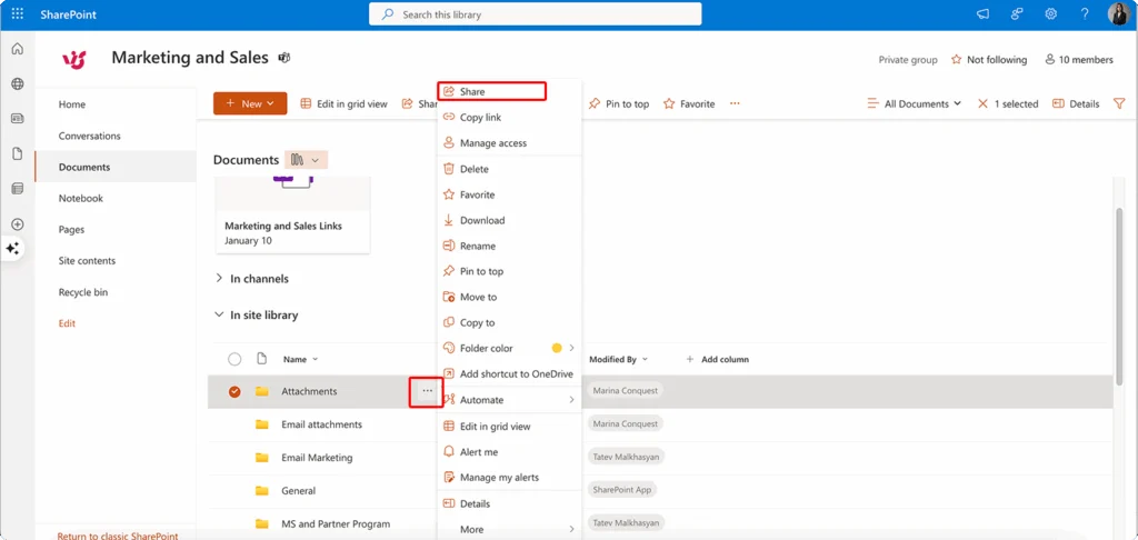 Navigating to the Share option in SharePoint