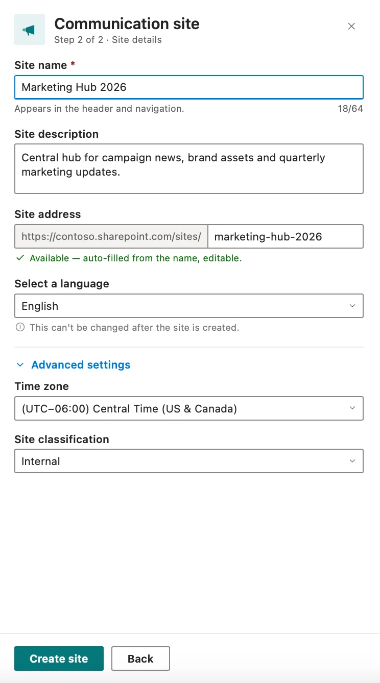 Configuring communication site details panel
