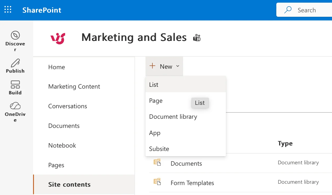Site contents New List menu