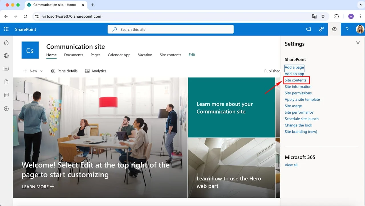 Accessing Site contents settings menu in SharePoint