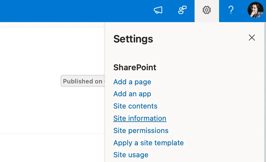 Opening site information in SharePoint settings