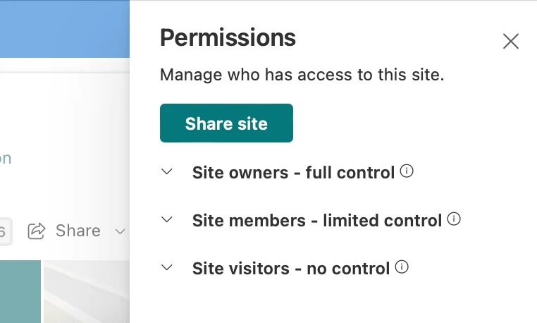 Navigating to site permissions settings