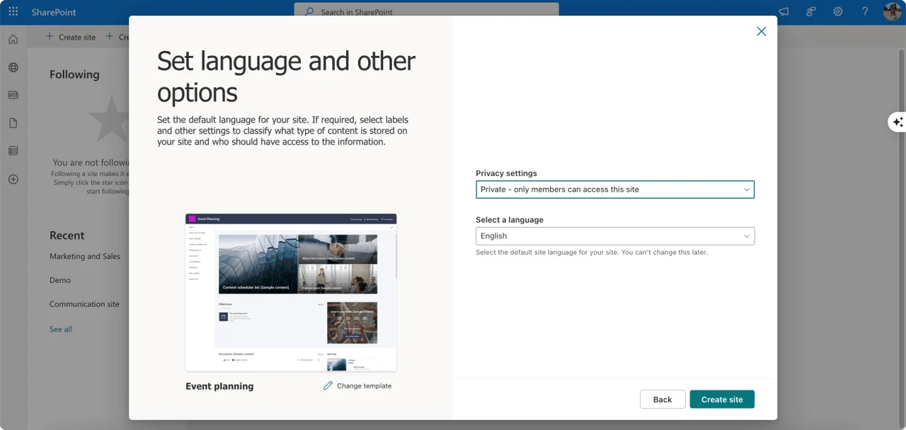 SharePoint site privacy settings configuration