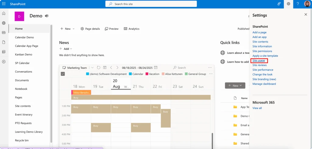 Navigating to the Site usage section on SharePoint