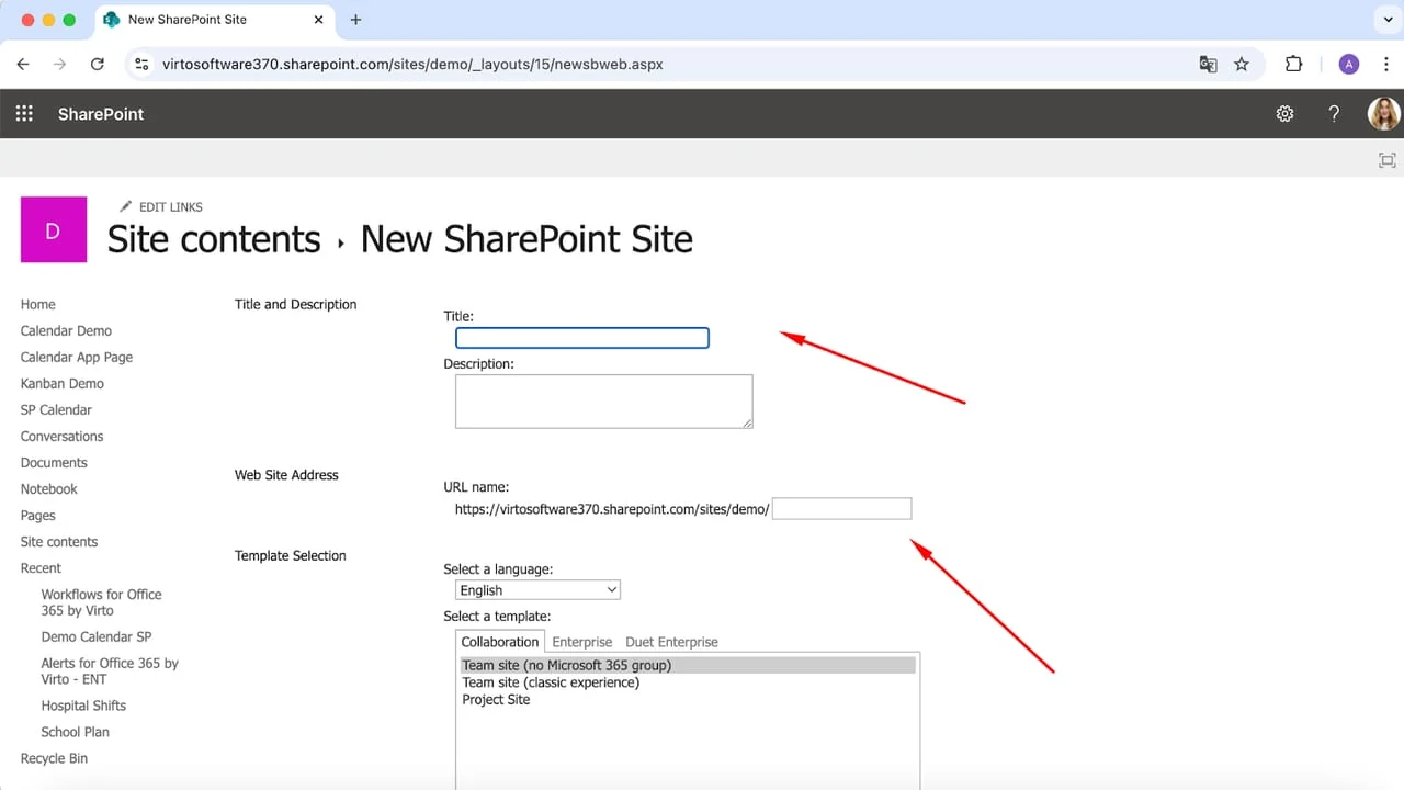 Configuring the new subsite details and URL
