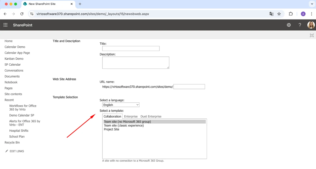 Choosing a SharePoint subsite template