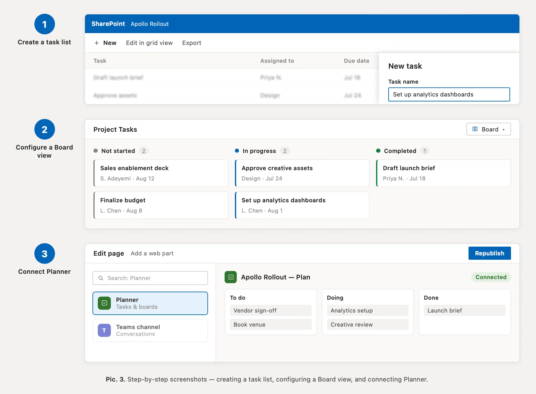 Creating a task list, configuring Board view, connecting Planner
