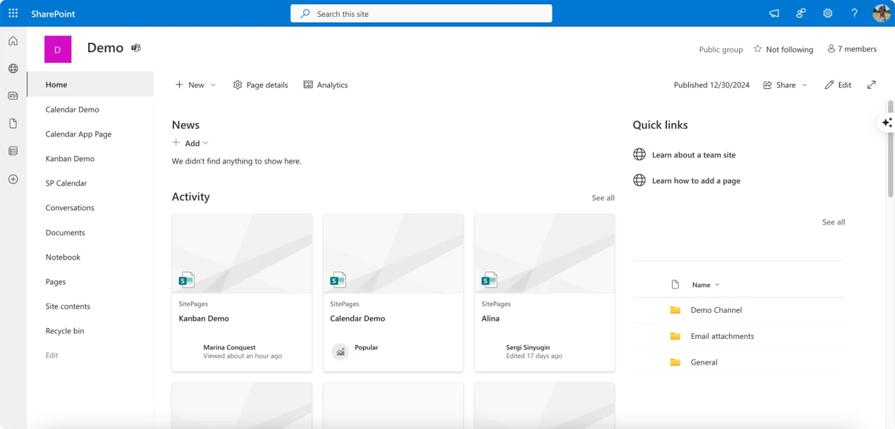 Example SharePoint Team Site left navigation layout