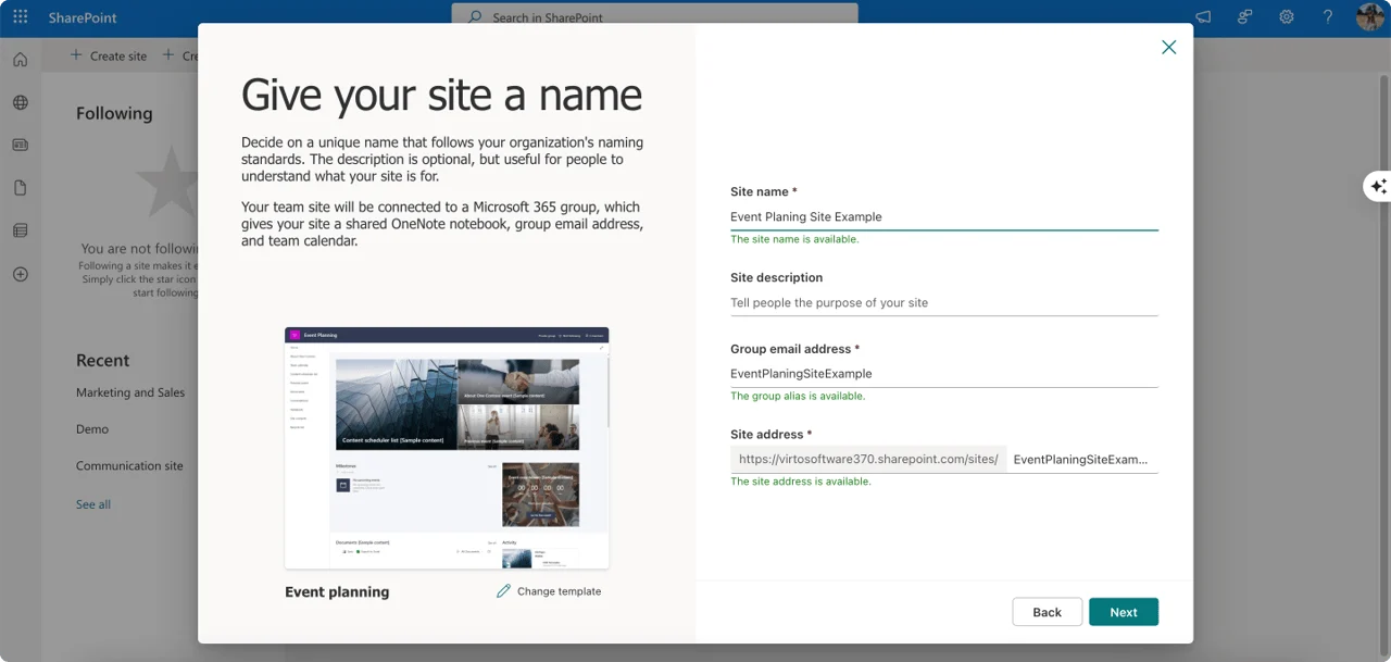 SharePoint team site naming and group setup